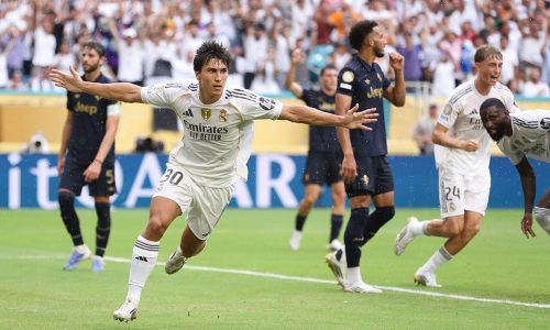 MIAMI GARDENS, FLORIDA - JULY 01: Gonzalo Garcia #30 of Real Madrid C.F. celebrates scoring his team's first goal during the FIFA Club World Cup 2025 round of 16 match between Real Madrid CF and Juventus FC at Hard Rock Stadium on July 01, 2025 in Miami Gardens, Florida. (Photo by Megan Briggs/Getty Images)
